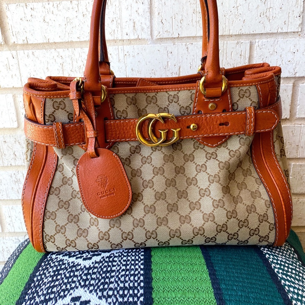 Gucci Orange GG Canvas Running Tote Bag Purse Med